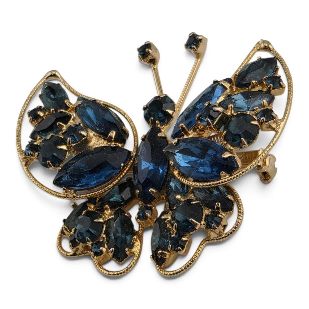 Vintage Weiss Blue Rhinestone Butterfly Trembler Brooch Moving Wings Gold Tone